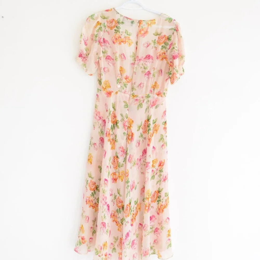 Kooples Antique Pink Floral 100% Silk Puff Sleeve Button Down Slip Midi Dress - Picture 10 of 14